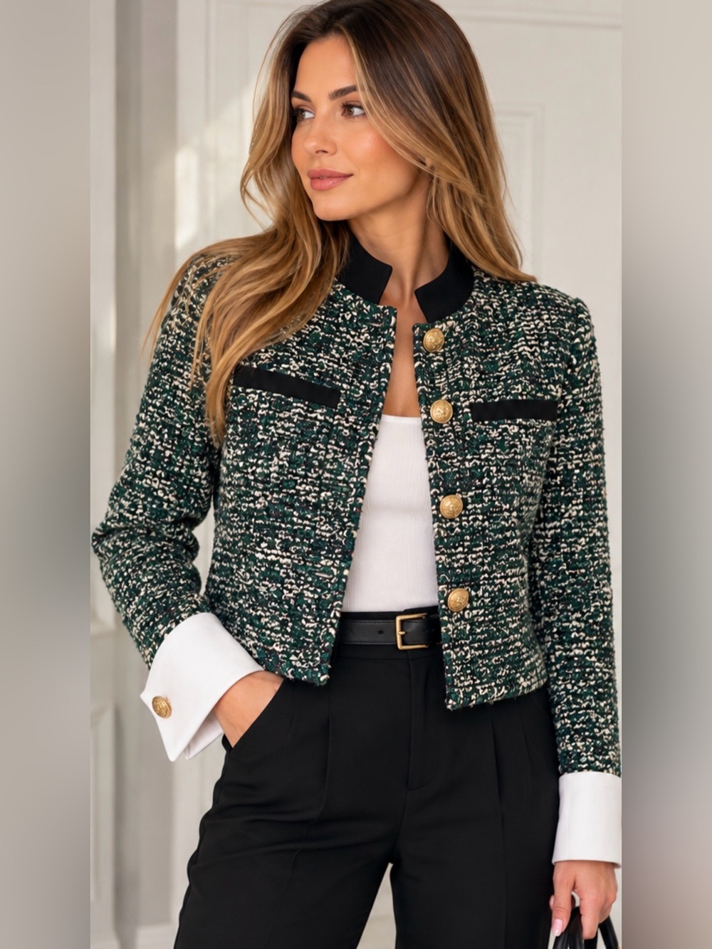 NWT Gardenya Green Tweed Cropped Jacket Gold Buttons Size 36